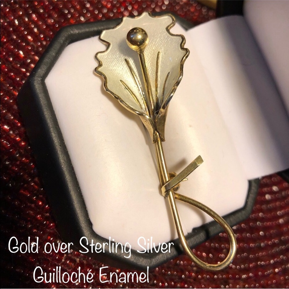 Gold Vermeil STERLING Guilloché ENAMEL ORCHID BROOCH by AKSEL HOLMSEN ~ NORWAY